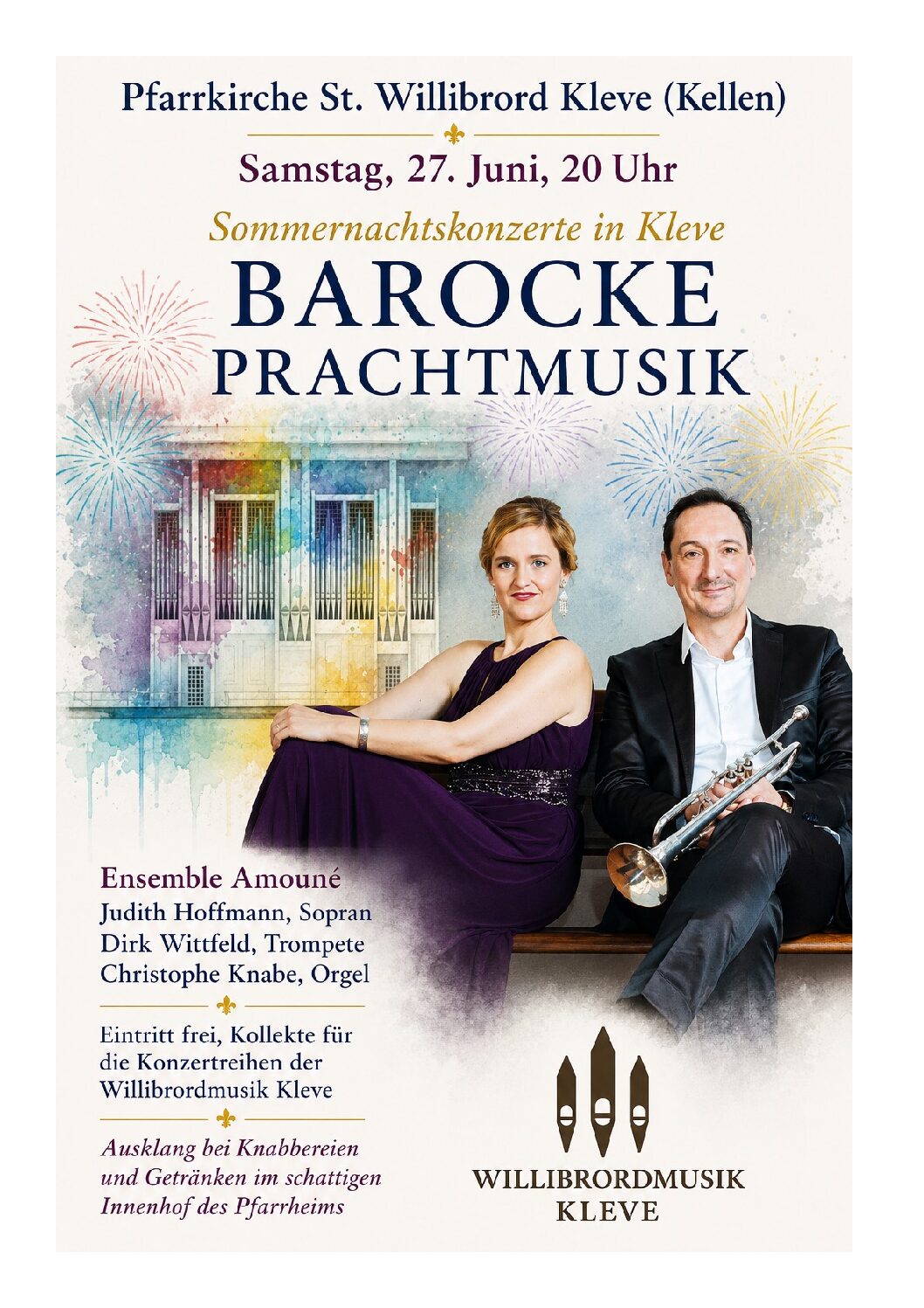 Das Ensemble Amouné mit Sopranistin Judith Hoffmann, Trompeter Dirk Wittfeld und Organist Christophe Knabe gastieren in St. Willibrord Kleve.