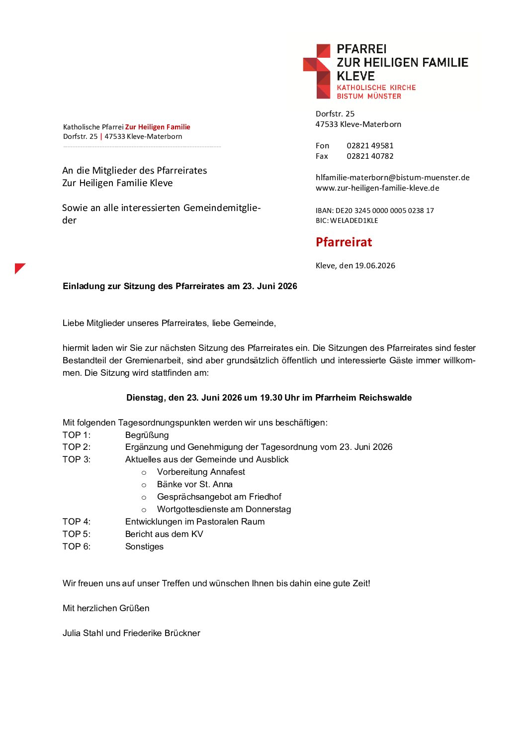 Einladung zur nächsten Pfarreiratssitzung am 23. Juni