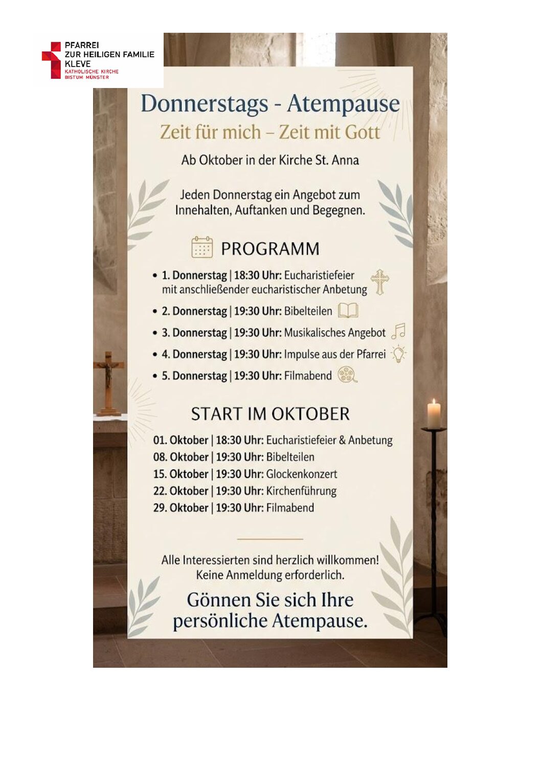 „Donnerstags Atempause“ in St. Anna