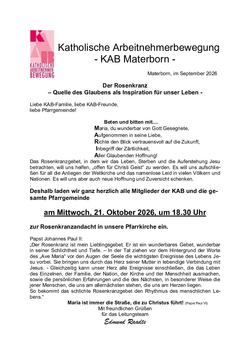 Einladung zur Rosenkranzandacht am 21. Oktober