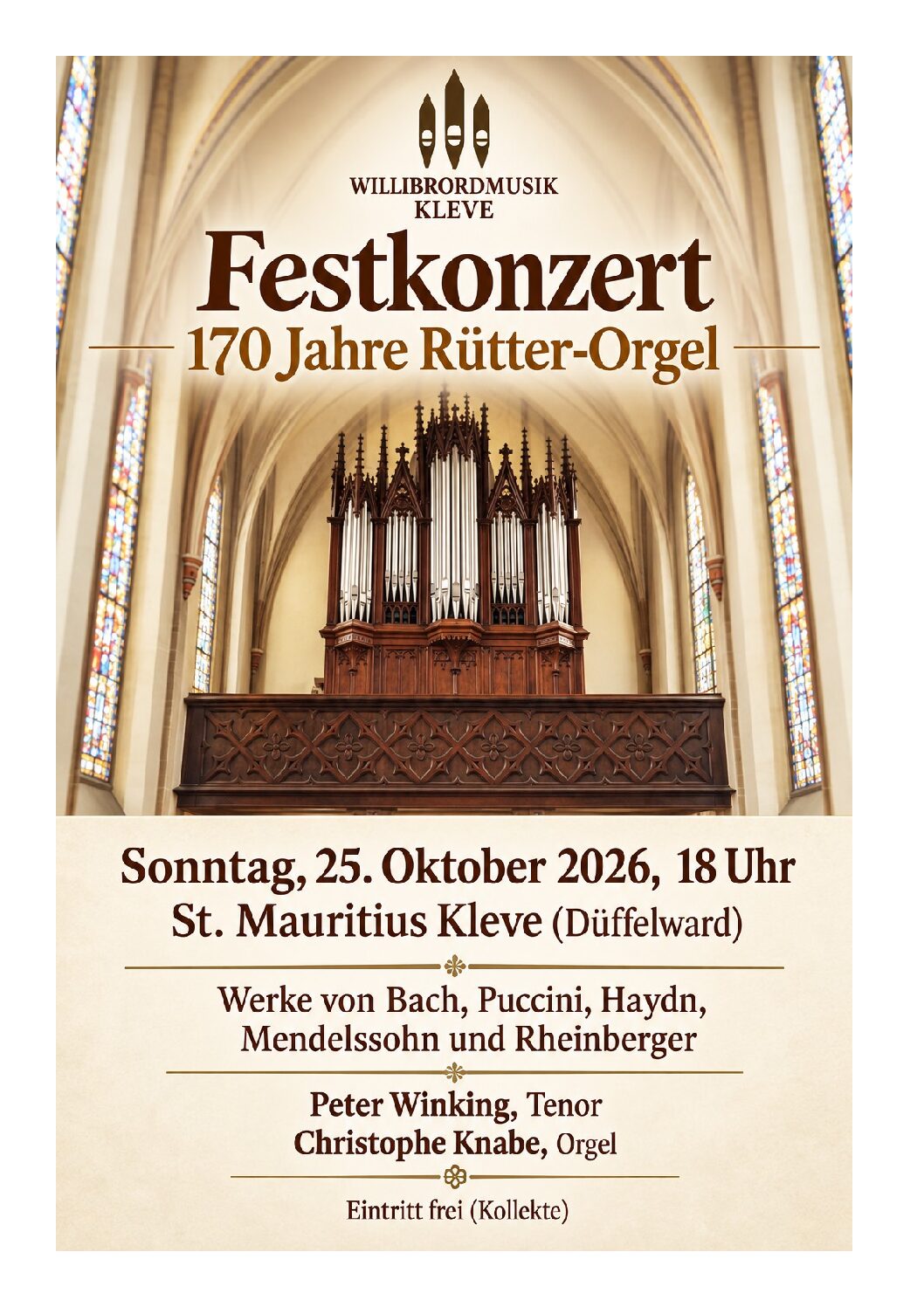 Festkonzert zum 170-jährigen Jubiläum der historischen Rütter-Orgel in St. Mauritiuskirche Kleve-Düffelward am Sonntag, 25. Oktober, 18 Uhr